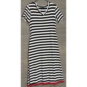 Dokotoo S Black & White Striped V-neck Short Sleeve Women’s Shirt Dress Casual